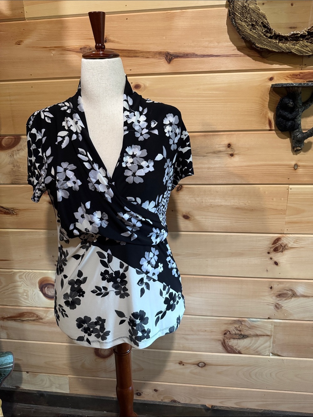 DKNY Black and White Floral Draped Crossover Short-Sleeve Top